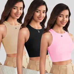 CILIMILI Women Pack of 3 Solid Tank Crop Top image 2