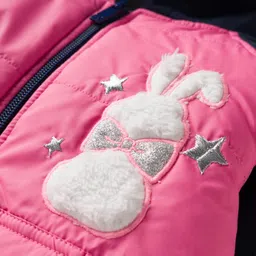 Wingsfield Full Sleeves Colour Blocked Bunny Patch Detailed Padded Light Winter Hooded Jacket - Pink image 3