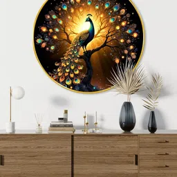 Livin'luxe Black & Yellow Large Round Peacock & Flower Wall Art 16" x 16" image 3