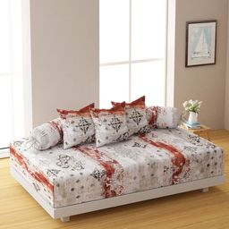 SWAYAM Set Of 6 Beige & Red Printed 144 TC Bedsheet With Bolster & Cushion Covers-picture-9