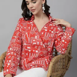 QOMN Women Shirt Collar Abstract Print Cotton Wrap Top-picture-20