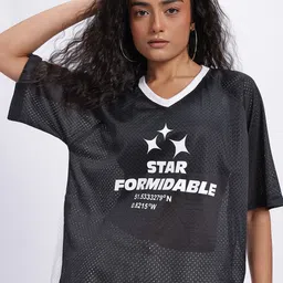 glitchez Printed Perforated Semi Sheer Oversized T-shirt-picture-33