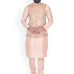 Manu Men Beige Self Design Kurta with Churidar & Nehru Jacket-picture-27