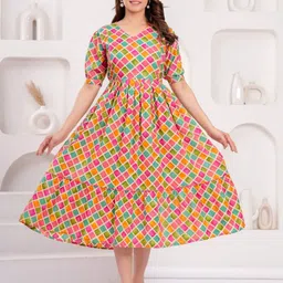 mad fury Women Geometric Printed Puff Sleeve Maternity Fit and Flare Dress-picture-38