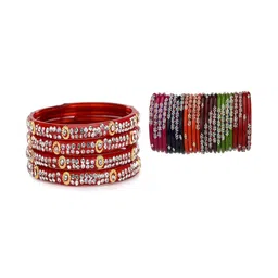 SOMIL Women Set of 28 Red Beads & Stones Glass Bangle-image-26