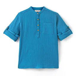 arias by lara dutta Arias 100% Cotton Woven Full Sleeves Double Gauze Shirt With Mandarin Collar And Side Slit- Blue-picture-13