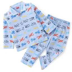 Babyhug Cotton Knit Full Sleeves Night Suit Air Plane Print- Blue-picture-35
