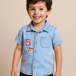 Babyhug Cotton Woven Half Sleeves Washed Denim Shirt With Tiger Embroidery - Light Blue-picture-15