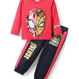 Babyhug Marvel Single Jersey Knit Full Sleeves T-Shirt & Lounge Pant Set WithReversible Spider-man Sequins Detailing - Red & Black-picture-34