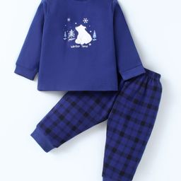 Zero Interlock Knit Full Sleeves Checkered & Bear Printed T-Shirt & Joggers Set - Navy Blue-picture-4