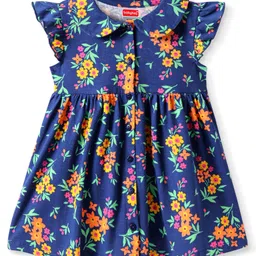 Babyhug Cotton Knit Frill Sleeves Front Open Dress With Floral Print & Peter Pan Collar - Navy Blue-picture-16
