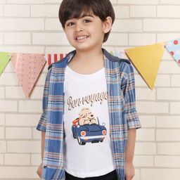Polka Tots Cotton Full Sleeves Checked Hooded Shirt With Attached Tee - Blue-picture-20