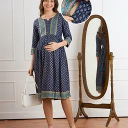 Bella Mama Viscose Woven Three Fourth Sleeves Maternity Kurta with Floral & Contrast Yoke Print - Navy Blue-picture-25