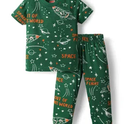Babyhug Cotton Knit Half Sleeves Co-Ords Night Suit With Space Theme Print - Dark Green-picture-10
