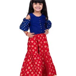 Twisha Woven Cold Shoulder Sleeves Ethnic Motif Foil Printed Top & Sharara Set - Blue & Red-picture-16