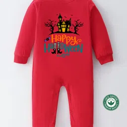 BLUSHES 100% Cotton Knit Halloween Theme Full Sleeves Happy Halloween Text Printed Romper - Red-picture-28