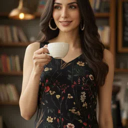 AADVIKA Floral Printed V-Neck No Sleeves A-Line Midi Silk Dress image 2