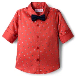 Babyhug Cotton Woven Full Sleeves Floral Printed Party Shirt & Trouser Set With Bow & Suspender - Brown & Navy image 2