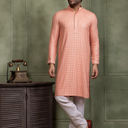 DEVOILER Embroidered Mandarin Collar Sequinned Cotton Silk Kurta With Pyjamas-picture-20
