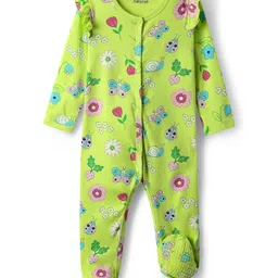 Babyoye 100% Cotton Interlock Knit Full Sleeves Sleepsuit With Heart & Floral Print Pack Of 2 - Lime Green & Pink image 4