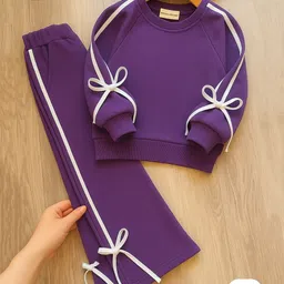 Aww Hunnie Terry Knit Full Sleeves Side Taped & Bow Applique Detailed Sweatshirt & Pant Set - Purple image 5