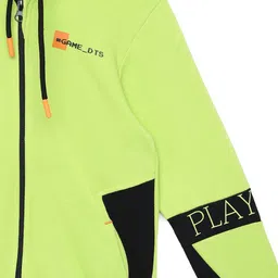 Under Fourteen Only Full Sleeves Colour Blocked Typography Printed Light Winter Hooded Sweatshirt - Green image 4