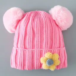 Babyhug Acrylic Woollen Pom Pom Cap Floral Applique Large Size - Pink image 5