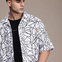 FCUK Relaxed Fit Self Design Cuban Collar Drop-Shoulder Sleeves Pure Cotton Casual Shirt image 1