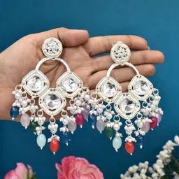 MEIRA JEWELLERY Silver Plated Kundan Stones Studded & Pearls Beaded Circular Drop Earrings image 5