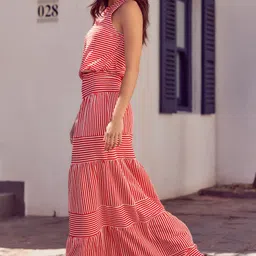 NEXT Women Seersucker Cotton Striped Tiered Maxi Skirt-picture-34