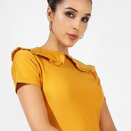 Campus Sutra Yellow Peter Pan Collar Ruffled Cotton Top-picture-34