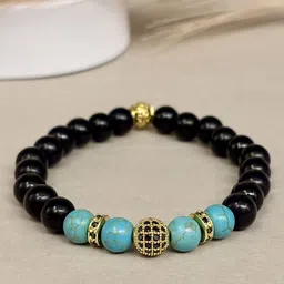 SANAA CREATIONS Unisex Crimson Stone Onyx &Turquoise Stones Studded Elasticated Bracelet-picture-31