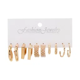 Zaphariq Set Of 5 Gold-Plated Pearls Beaded Circular Half Hoop Earrings image 5