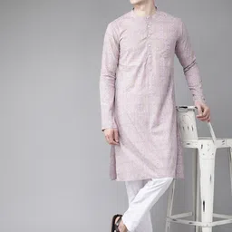 See Designs Men Beige & Lavender Ethnic Motifs Pure Cotton Block Print Handloom Kurta image 4