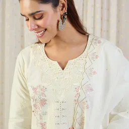 Indo Era Floral Embroidered Thread Work Pure Cotton Kurta With Trousers & Dupatta image 3