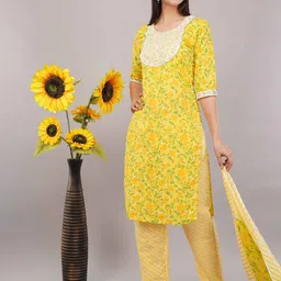 JIDI FASHION Floral Printed Round Neck Pure Cotton Kurta With Salwar & Dupatta image 3