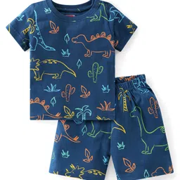 Babyhug Cotton Knit Half Sleeves Night Suit  With Dino Print - Navy Blue-image-50