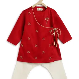 Tiber Taber Full Sleeves Ram Text Embroidered Angrakha Style  Kurta With Pyjama - Red-image-91