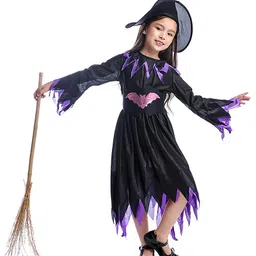 Little Surprise Box Halloween Theme Full Sleeves Witch Costume With Hat & Broom - Black-image-4