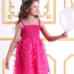 Mark & Mia Net Woven Singlet Sleeves A Line Party Frock with Butterfly Applique & Smock Detailing - Fuchsia-picture-11