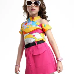 OLLINGTON ST. Cotton Floral Printed Half Sleeves Top & Skirt with Belt - Neon Pink-picture-10