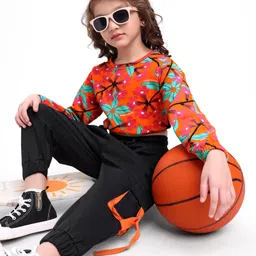 OLLINGTON ST. Cotton Floral Printed Full Sleeves Sweatshirt & Joggers Set - Multicolor & Black-picture-25