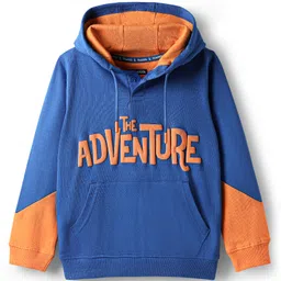 Pine Kids Cotton Knit Full Sleeves Cut & Sew Hooded Sweatshirt with Adventure Text Print & Kangaroo Pockets - Orange & Blue-picture-28