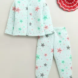 Bumzee Knit Full Sleeves Winter Wear Front Open T-Shirt & Lounge Pant Co-Ord Set With Star Print - Mint Green-picture-10