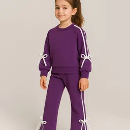 Aww Hunnie Terry Knit Full Sleeves Side Taped & Bow Applique Detailed Sweatshirt & Pant Set - Purple-picture-18