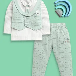 BUMZEE Cotton Knit Full Sleeves Abstract Print Party Wear Shirt with Attached Waistcoat & Tie & Trouser Set - Sea Green & White-picture-11