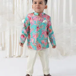 Tiber Taber 100% Cotton Woven Full Sleeves Floral Printed Kurta Pant Set - Blue-picture-20