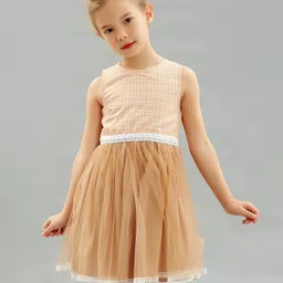Kookie Kids Sleeveless Checks Party Frock with Lace Detail - Beige image 2