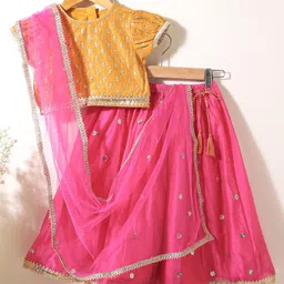 Babyhug Short Sleeves Sequined Choli & Flared Lehenga Set With Dupatta - Pink Orange image 2