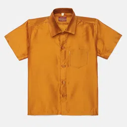 THANGAMAGAN Half Sleeves Solid Shirt & Dhoti Set - Mustard image 3